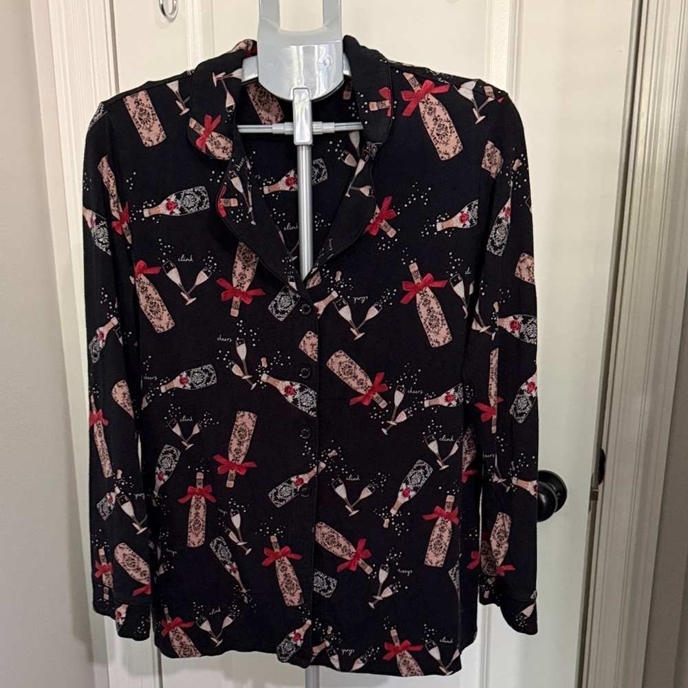 Soma Black Top with Red and Pink champagne bottles